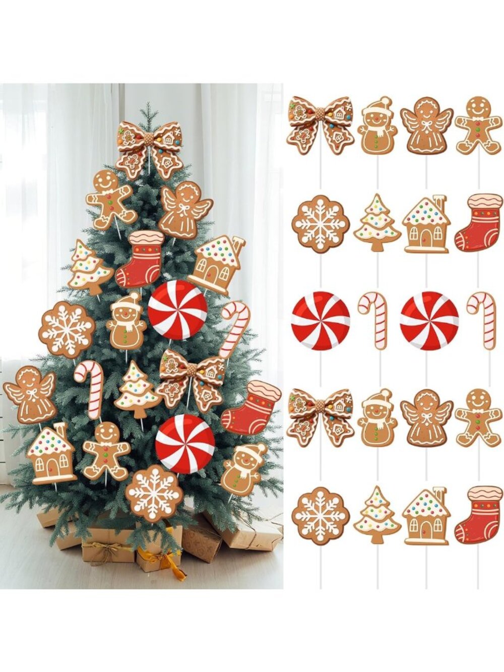 20 Pcs Large Gingerbread Man & Candy Cane Picks - 8" Christmas Tree Decor